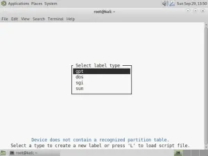 cfdisk - inicializace GPT