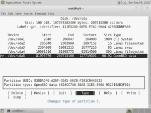 cfdisk - nové plánované rozdělení pro Kali a OpenBSD