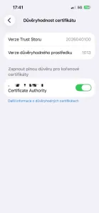 V Obecné – Informace – Důvěryhodnost certifikátu je potřeba epxlicitně povolit důvěru vlastní kořenové CA